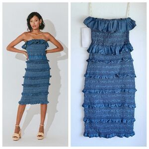 NWT Cleobella Ezra Bodycon Strapless Ruffle Midi Dress in Blue Denim Size XS